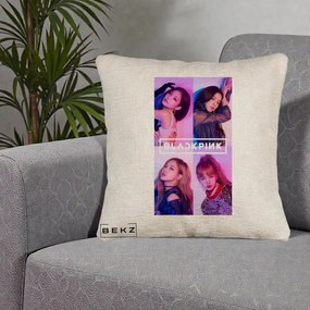 Perna Personalizata K-pop BLACKPINK Poster Colaj 4 Membre Violet Roz, 40x40 cm, Bej Canapea, Husa Detasabila, Perna Inclusa, BEKZ®