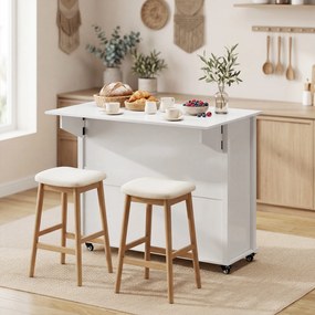 HOMCOM Insulă de Bucătărie cu Roți Blat Rabatabil Suport Condimente Suport Prosoape Dulap 2 Sertare 117,5x70x91 cm Alb | Aosom Romania