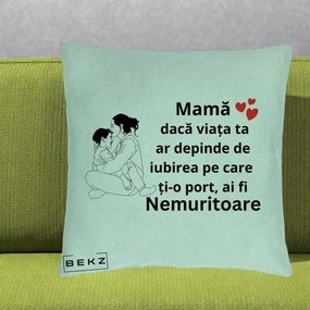 Cadou pentru Mama - Perna Personalizata Mama Nemuritoare Kawaii, 40x40 cm, Verde Menta, Husa Detasabila, Perna Inclusa, BEKZ®