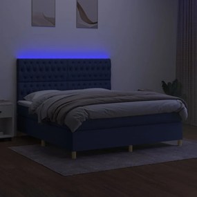 Pat cu arcuri, saltea si LED, albastru, 160x200 cm, textil Albastru, 160 x 200 cm, Design cu nasturi