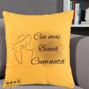 Cadou pentru Cumnata - Perna Personalizata Cea mai Buna Cumnata cu Silueta Dama si Pete Violet, 40x40 cm, Galben, Husa Detasabila, Perna Inclusa, BEKZ®