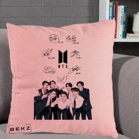 Perna Personalizata K-pop BTS Autografe Toti Membrii cu Fotografie, 40x40 cm, Roz, Husa Detasabila, Perna Inclusa, BEKZ®