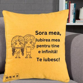 Cadou pentru Sora - Perna Personalizata Sora Mea Te Iubesc Copii Anime Line Art, 40x40 cm, Galben, Husa Detasabila, Perna Inclusa, BEKZ®