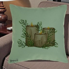 Perna Decorativa Lumanari Rustice cu Crengute Brad, 40x40 cm, Verde, Husa Detasabila, Perna Inclusa, BEKZ®