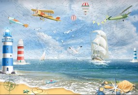 Fototapete Copii, Avionul si baloanele cu aer cald deasupra oceanului Art.030036