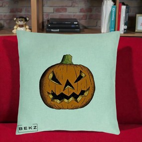 Perna Decorativa Halloween Dovleac Portocaliu Clasic, 40x40 cm, Verde Menta, Husa Detasabila, Perna Inclusa, BEKZ®