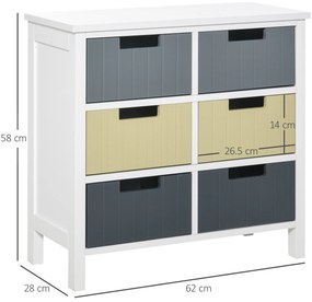 HOMCOM Comodă de Lemn cu 6 Sertare, Coadă Auxiliară de Depozitare cu Picioare Ridicate, Stil Modern pentru Dormitor Sufragerie Baie 62x28x58 cm Multicolor | Aosom Romania