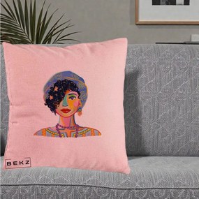 Perna Decorativa Portret Femeie Etnic Colorat, 40x40 cm, Roz, Husa Detasabila, Perna Inclusa, BEKZ®