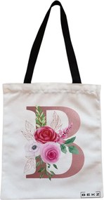 Sacosa de Panza pentru Cumparaturi, Geanta Tote, Cu litera B Rose Gold si Trandafiri, Cu fermoar, 38x34.5 cm, Alba, BEKZ®