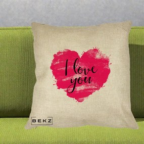 Cadou Romantic - Perna Personalizata I Love You Inima Roz, 40x40 cm, Crem, Husa Detasabila, Perna Inclusa, BEKZ®