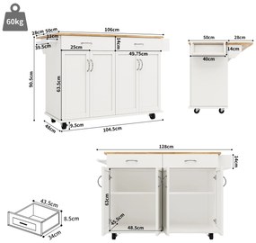 Insulă de bucătărie modernă cu blat pliabil, Alb | Aosom Romania