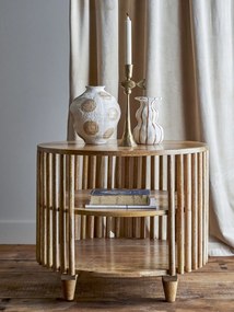 Măsuță de cafea din lemn de mango, rotundă, cu structură din lamele verticale și 2 rafturi inferioare, natur, finisaj lăcuit, 60×50 cm, „Sali"
