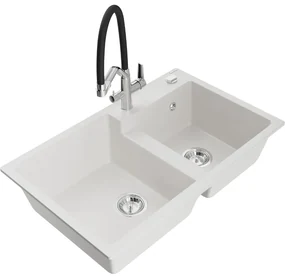 Mexen Tomas Chiuvetă de granit cu 2 compartimente și baterie de bucătărie Duo, Albă - 6516-20-671701-07