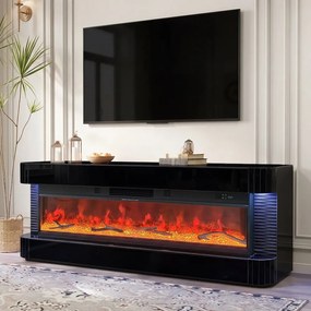 Șemineu Electric cu Flacără LED în 7 Culori, Comodă TV, Bluetooth, Difuzoare Integrate, Iluminare LED Ambientală, Telecomandă, MDF, Finisaj Negru Oglindă