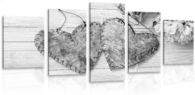 Tablou 5-piese bujori și inimioare din mesteacăn în design alb-negru