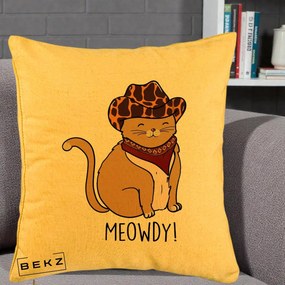 Perna Decorativa Pisica Cowboy Meowdy, 40x40 cm, Galben, Husa Detasabila, Perna Inclusa, BEKZ®