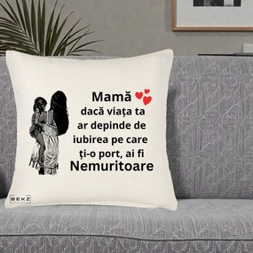 Cadou pentru Mama - Perna Personalizata Mama Nemuritoare Imbratisare, 40x40 cm, Crem Reliefat, Husa Detasabila, Perna Inclusa, BEKZ®