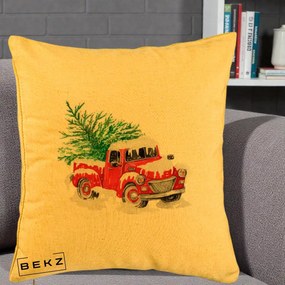 Perna Decorativa Camioneta Rosie Brad de Craciun, 40x40 cm, Galben, Husa Detasabila, Perna Inclusa, BEKZ®