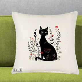 Perna Decorativa Pisica Neagra Botanica Rosu-Gri, 40x40 cm, Crem Reliefat, Husa Detasabila, Perna Inclusa, BEKZ®