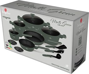 Set oale si tigai cu capace, 15 piese Green Matt Berlinger Haus BH 8208N, verde mat, antiaderente cu titan, inductie