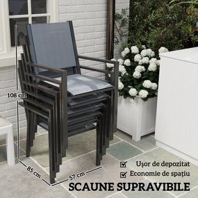 Outsunny Set Masă de Grădină cu Scaune, 7 Piese, Set de Prânz cu Masă cu Blat din Lemn Compozit cu Șipci și 6 Scaune de Exterior Stivuibile, Mobilier din Oțel cu Texteline, Gri și Negru | Aosom Romania