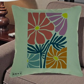 Perna Decorativa Flori Grafice Roz-Orange-Albastru, 40x40 cm, Verde, Husa Detasabila, Perna Inclusa, BEKZ®