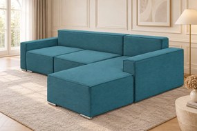 Colțar extensibil Livia din catifea reiată, turcoaz, colț pe dreapta, cu ladă de depozitare