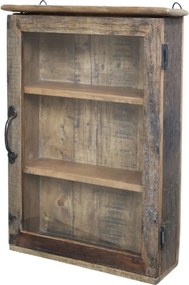 Dulap de perete din lemn reciclat, natur, cu 2 rafturi și ușă din sticlă, aspect rustic, 60 x 40 x 13 cm, „Grimaud”