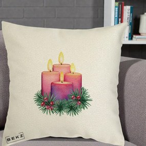 Perna Decorativa Lumanari Advent Roz-Violet, 40x40 cm, Ecru, Husa Detasabila, Perna Inclusa, BEKZ®