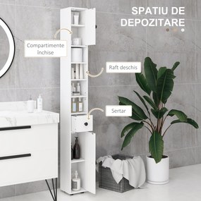 Kleankin Dulap de Baie Înalt cu Rafturi Deschise și 2 Dulapuri cu Uși și Rafturi Ajustabile, 20x20x180 cm, Alb | Aosom Romania