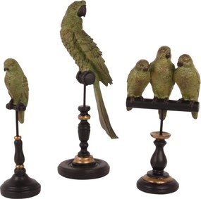 Statuetă decorativă din polirășină, trei papagali verzi pe stinghie neagră, picior sculptat cu detalii aurii, 33,5 x 18 x 10,5 cm, „Perruche