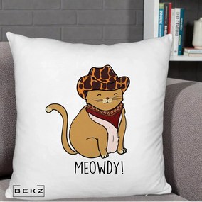 Perna Decorativa Pisica Cowboy Meowdy, 40x40 cm, Alb Pufos, Husa Detasabila, Perna Inclusa, BEKZ®