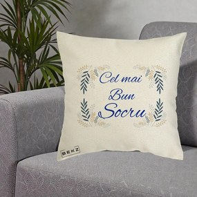 Cadou pentru Socru - Perna Personalizata Cel mai Bun Socru cu Ramuri Frunze Albastre si Aurii, 40x40 cm, Ecru, Husa Detasabila, Perna Inclusa, BEKZ®