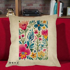 Perna Decorativa Gradina Florala Acuarela Colorata, 40x40 cm, Crem, Husa Detasabila, Perna Inclusa, BEKZ®