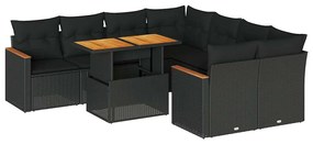 3327464 vidaXL Set mobilier grădină perne 9 piese negru poliratan/lemn acacia