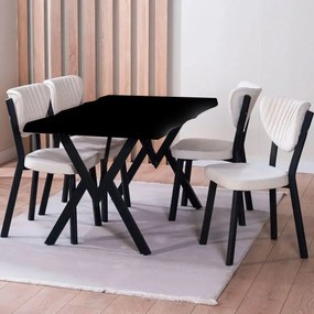 Set Masa Barton din MDF cu 4 Scaune din metal, culoare negru si bej, 140 cm