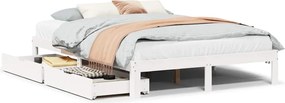 vidaXL Cadru de pat cu sertare, alb, 140x190 cm, lemn masiv de pin