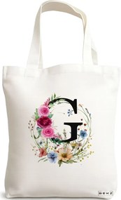 Sacosa de Panza pentru Cumparaturi, Geanta Tote, Cu litera G in Coronita Florala, 38x34.5 cm, Alba, BEKZ®