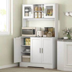 HOMCOM Dulap Bucătărie de 180cm, Dulap Înalt cu 4 Compartimente, Uși din Sticlă Securizată, 2 Rafturi Deschise, Rafturi Reglabile, Blat pentru Electrocasnice, pentru Bucătărie sau Living, Alb | Aosom Romania