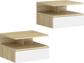 HOMCOM Set de 2 Noptiere Suspendate cu Sertar și Raft Deschis, 35x32x22.5 cm, Alb și Stejar | Aosom Romania