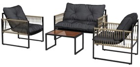 Outsunny Set de Mobilier de Grădină din 4 Piese PE Rattan cu Canapea Dublă, Fotoliu, Măsuță de Cafea din Sticlă, 106x70x72 cm, Gri