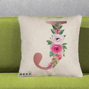 Cadou Personalizat - Perna Personalizata Monograma Rose Gold Litera J, 40x40 cm, Bej Canapea, Husa Detasabila, Perna Inclusa, BEKZ®