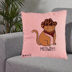 Perna Decorativa Pisica Cowboy Meowdy, 40x40 cm, Roz, Husa Detasabila, Perna Inclusa, BEKZ®