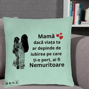 Cadou pentru Mama - Perna Personalizata Mama Nemuritoare Imbratisare, 40x40 cm, Verde Menta, Husa Detasabila, Perna Inclusa, BEKZ®