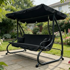 Leagăn de grădină, șezlong tip pat, copertina reglabila, suport pahare, cadru otel, 232x120x164 cm, Negru