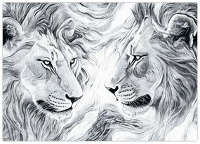 Tablou pe sticlă - Capete de lei desenate (70x50 cm)