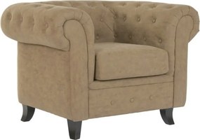 Fotoliu Chesterfield din piele ecologică maro, capitonat cu nasturi, cu structură din lemn și picioare negre, 110×81×76 cm, „Winston”