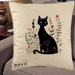 Perna Decorativa Pisica Neagra Botanica Rosu-Gri, 40x40 cm, Bej, Husa Detasabila, Perna Inclusa, BEKZ®