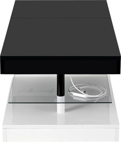 Masă de cafea cu iluminare ambientală LED, poliță din sticlă &amp; finisaj lucios, 90x45x35,5 cm, Negru+Alb