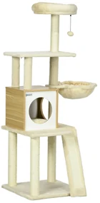 PawHut Copac Pisici cu Casuță Stâlpi Zgârieturi Bej 48.5x48.5x141.5cm | Aosom Romania